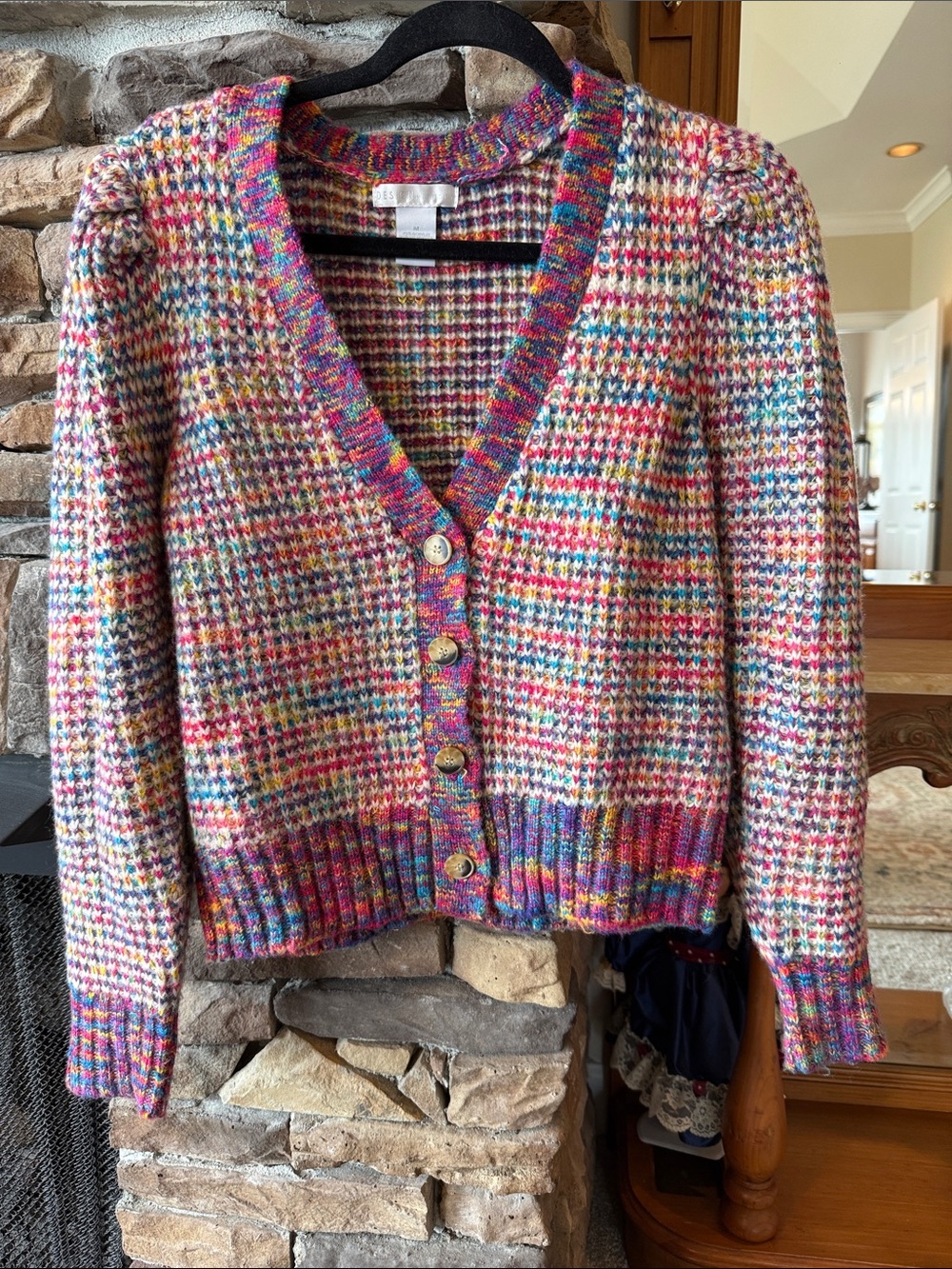 Design History Multicolor Knit Cardigan in Pink, Blue, Yellow & Cream